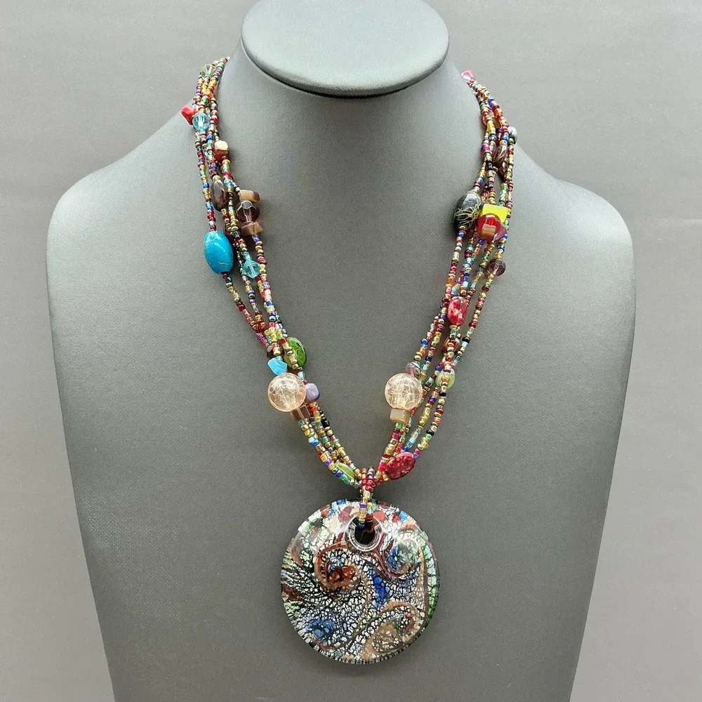 Necklace Multicolor Seed Bead Multi Strand Art Glass Round Pendant Statement